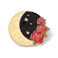 Mond mit Rosenblüten-Emaille-Pin, Legierungsabzeichen für Rucksackkleidung, golden, Farbig, 29x31.5x1.5 mm, Stift: 1 mm