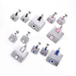 304 Stainless Steel Jewelry Sets, Pendants and Stud Earrings, with Enamel, Rectangle, Stainless Steel Color, Mixed Color, 41x30x3mm, Hole: 5mm, 22x16x2.5mm, Pin: 0.8mm