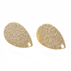 Brass Stud Earring Findings, with Loop, Teardrop, Bumpy, Nickel Free, Real 18K Gold Plated, 14x9x1mm, Hole: 1mm, Pin: 0.7mm
