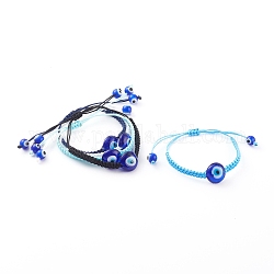 Adjustable Nylon Thread Braided Bead Bracelets, with Handmade Evil Eye Lampwork Beads, Mixed Color, Inner Diameter: 1-1/8~2-7/8 inch(3~7.3cm)