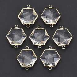 Conectores de enlaces de vidrio, con borde de latón chapado en oro claro, facetados, hexágono, Claro, 25~26x21x8mm, agujero: 2 mm