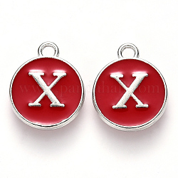 Platinum Plated Alloy Enamel Charms, Cadmium Free & Lead Free, Enamelled Sequins, Flat Round with Letter, Letter.X, 14x12x2mm, Hole: 1.5mm
