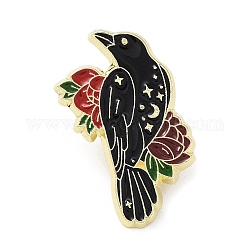 Crow & Flower Enamel Pins, Light Gold Alloy Brooch for Backpack Clothes, Dark Red, 30x22x1.5mm