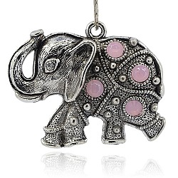 Elephant Alloy Resin Rhinestone Pendants, Antique Silver, Pink, 51x38x6mm, Hole: 3mm