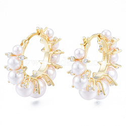 ABS Plastic Pearl Beaded Hoop Earrings with Clear Cubic Zirconia, Brass Flower Earrings for Women, Nickel Free, Golden, 25.5x28x11mm, Pin: 1mm