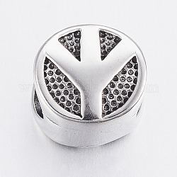 304 Stainless Steel Beads, Bead Rhinestone Settings, Flat Round with Peace Sign, Large Hole Beads, Antique Silver, Fit For 0.5mm Rhinestone, 10x7.5mm, Hole: 5.5mm