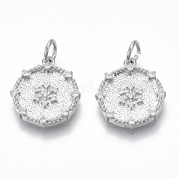 Brass Micro Pave Clear Cubic Zirconia Pendants, Flat Round with Snowflake, Nickel Free, Real Platinum Plated, 15.5x13x2mm, Jump Ring: 5x0.8mm, Inner Diameter: 3mm