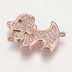Brass Micro Pave Cubic Zirconia Puppy Links connectors, Beagle Dog, Clear, Rose Gold, 14x20.5x4mm, Hole: 1mm
