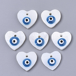 Charmes de coquille d'eau douce naturelle, avec l'émail, coeur avec le mauvais œil, Dodger bleu, 12x12~13x3mm, Trou: 1.4mm