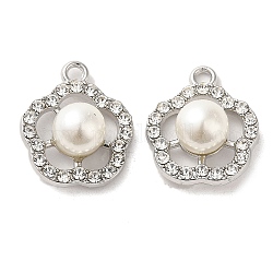 Lega con pendenti in strass, con abs imitazione perla, pendente a fiore, platino, 19.5x16.5x8.5mm, Foro: 2 mm
