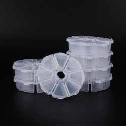 Contenedores de abalorios de plástico, tapa abatible de almacenamiento de cuentas, 8 compartimentos, plano y redondo, Claro, 10.5x10.5x2.8 cm