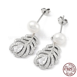 Orecchini pendenti con piume di zirconi cubici e perle naturali, 925 orecchini in argento sterling rodiato da donna, platino, 23x11mm