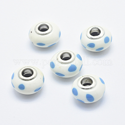 Perles européennes artisanales en pâte de polymère, avec noyaux en laiton plaqué couleur argent, Perles avec un grand trou   , Rondelles avec motif de points, bleu profond du ciel, 13~16x8~11mm, Trou: 4.5~5mm