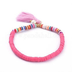 (Schmuckpartys im Fabrikverkauf)Stretch-Charm-Armbänder, mit Polymer Clay heishi Perlen, Baumwollfaden Quasten, Glasperlen und Messingperlen, tief rosa, 2-1/8 Zoll (5.4 cm)