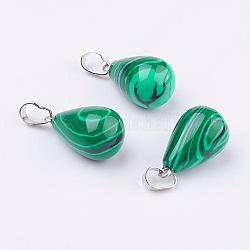 Synthetic Malachite Pendants, with Platinum Tone Brass Findings, Drop, 24~24.5x14mm, Hole: 5x7mm