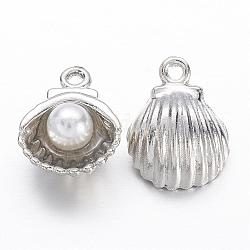 Alloy Charms, with Acrylic Pearl, Shell, Platinum, 12x9x5.5mm, Hole: 1mm