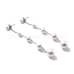 Boucles d'oreilles pendantes à longue chaîne avec perles rondes en plastique, 304 boucles d'oreilles pendantes en acier inoxydable pour femme, couleur inoxydable, 93mm, pin: 0.7 mm