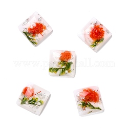 Transparent Resin Cabochons, with Flower & Gold/Silver Foil, Square, White, 16x16x6mm