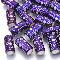 Abalorios de vidrio electroplate, Columna con patrón de puntos y estrellas, púrpura, 20x10mm, agujero: 1.2 mm, aproximamente 50 unidades / bolsa
