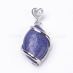 Pendentifs en lapis lazuli naturel, avec les accessoires en laiton, oeil de cheval, platine, 38x17x7mm, Trou: 3x4mm