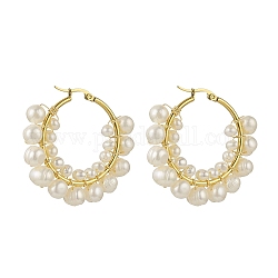 Aretes de aro con perlas naturales, 304 joyería de alambre de acero inoxidable para mujer., real 18k chapado en oro, 42x46x8mm, pin: 0.6~1.2x0.6 mm
