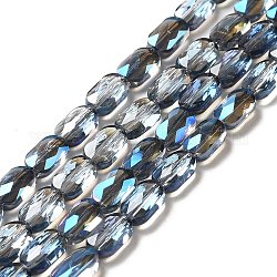 Hilos de cuentas de vidrio electrochapado transparente, facetados, medio arco iris chapado, oval, acero azul, 7x4.5x3mm, agujero: 0.9 mm, aproximamente 78~81 pcs / cadena, 22.83 pulgada (58 cm)
