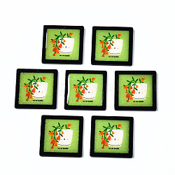 印刷されたアクリルパーツ  グリッターパウダー付き  花の正方形  薄緑  33x33x2mm  穴：1.5mm