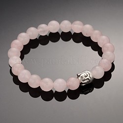 Pierres précieuses bouddhiste bracelets perles extensibles, avec des perles de Bouddha en alliage de style tibétain, quartz rose, 59mm