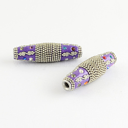 Oval Handmade Indonesia Beads, with Rhinestones and Silver Metal Color Aluminum Cores, Medium Purple, 60x18mm, Hole: 4mm
