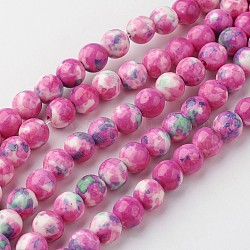 Chapelets de perle en jade blanc naturel, ronde, teinte, rose foncé, 8mm, Trou: 1mm, Environ 50 pcs/chapelet, 15.7 pouce (400 mm)