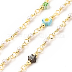 Chaînes de perles de verre et de fleurs, avec accessoires en laiton plaqué 18k or véritable, soudé, avec des bobines, colorées, 18.5x5x2.5mm, 12.5x3mm