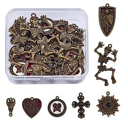 28 Uds. 7 colgantes de aleación chapados en estante de estilo tibetano, encantos retros, bate, esqueleto, proteger, cruz, corazón y de la flor, Bronce antiguo, 21~51x10~27.5x2.5~4.5mm, agujero: 1.5~2 mm, 4 piezas / style