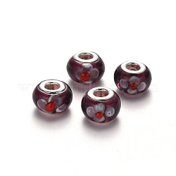 Perles européennes vernissées manuelles, perles de rondelle avec grand trou , en laiton de tonalité de platine noyaux doubles, brun coco, 17x14~15x9~10mm, Trou: 5mm