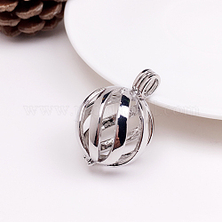 Brass Bead Cage Pendants, Hollow Round Charms, for Chime Ball Pendant Necklaces Making, Platinum, 32.5x22mm