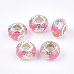 Perles européennes en alliage, Perles avec un grand trou   , avec des noyaux de cuivre, style de noël, rondelle, couleur argentée, rose chaud, 13.5~14x9~9.5mm, Trou: 5mm