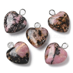Natural Rhodonite Pendants, Heart Charms with Platinum Plated Brass Loops, 14.8~15x12x4.1~4.6mm, Hole: 2mm