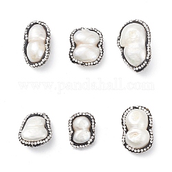 Pépites de perles naturelles perles, avec strass en pâte polymère, floral blanc, 19~30x14.5~22x9~13.5mm, Trou: 0.6mm