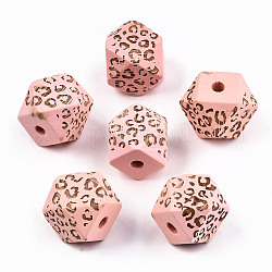 Perles de bois naturel peintes, motif gravé au laser, facette, polygone avec imprimé léopard, rose, 16x15.5~16.5x15.5~16.5mm, Trou: 3mm