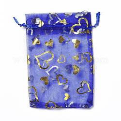 Pochettes à bijoux en organza avec cordon de serrage, sacs-cadeaux de fête de mariage, rectangle avec motif coeur estampé or, bleu, 15x10x0.11 cm