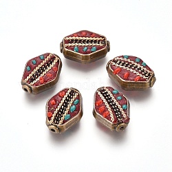 Perline  indonesia fatto a mano, con nucelo in lega, rombo, bronzo antico, rosso scuro, 20x15x7mm, Foro: 1 mm