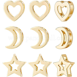 BENECREAT 12Pcs 3 Style Brass Slide Charms, Long-Lasting Plated, Star & Moon & Heart, Real 18K Gold Plated, 10~11x8.5~11.5x3.5mm, Hole: 1.5~2x2~5mm, 4pcs/style
