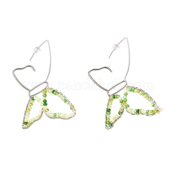 Boucles d'oreilles pendantes en perles de verre papillon pour fille femme, boucles d'oreilles enveloppées de fil de laiton, platine, vert clair, 72x78x3mm, pin: 0.8 mm