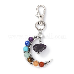 Wire Wrapped Chakra Synthetic & Natural Mixed Stone & Alloy Moon Pendant Decorations, with Swivel Lobster Claw Clasps, 72mm, Pendants: 41.5X34.5X13mm