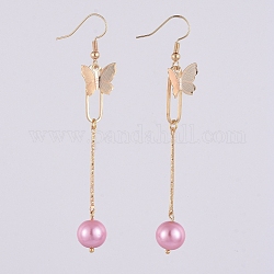 Dangle Earrings, with Glass Pearl Round Beads, Iron Bar Links, Brass Pendant and Earring Hooks, Butterfly & Oval, Pearl Pink, 81mm, Pin: 0.7mm