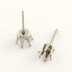 304 Stainless Steel Post Stud Earring Settings, Stainless Steel Color, 4mm, pin: 0.8mm, fit for 4mm rhinestone