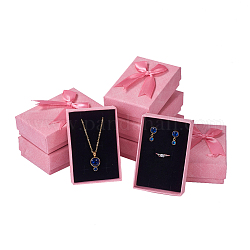 Cajas de joyería de cartón, con lazo de cinta y esponja, para anillos, pendientes, collares, Rectángulo, rosa, 9.3x6.3x3.05 cm