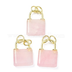 Colgantes naturales de cuarzo rosa, con fornituras de latón dorado y argollas para saltar, sin plomo y cadmio, cerrar, 27x18x5.5mm, agujero: 6 mm