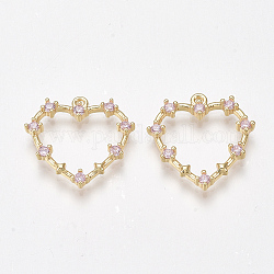 Brass Cubic Zirconia Pendants, Nickel Free, Real 18K Gold Plated, Heart, Pink, 18~19x18~19x2.5mm, Hole: 1mm