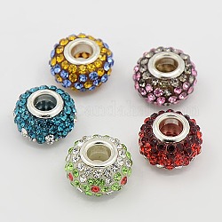 Resin Rhinestone European Beads, Grade A, with Silver Plated Brass Double Cores, Rondelle, Mixed Color, 15x10mm, Hole: 5mm