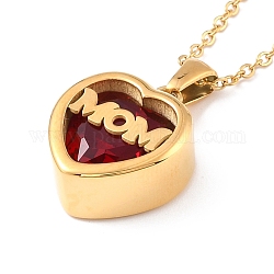 Mom Necklace for Birthday Mother's Day Gift, Heart Cubic Zirconia Pendant Necklace, 304 Stainless Steel Necklace, Golden, Red, 17.72 inch(45cm)